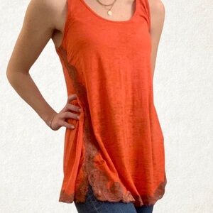 Free People Red Lace Trim Burnout Tank Top Size XS USA Made Bohemian Floral Boho